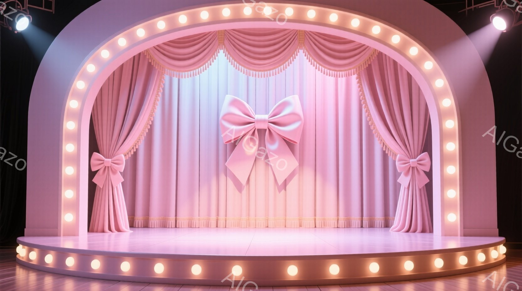 鮮やかなピンク色の舞台が写っており、豪華なカーテンと大きなリボンが特徴的です。ステージは白い光の列で縁取られ、上部にはスポットライトが設置されています。全体的に明るく華やかな雰囲気で、パフォーマンスやイベントが行われる空間を想起させます。