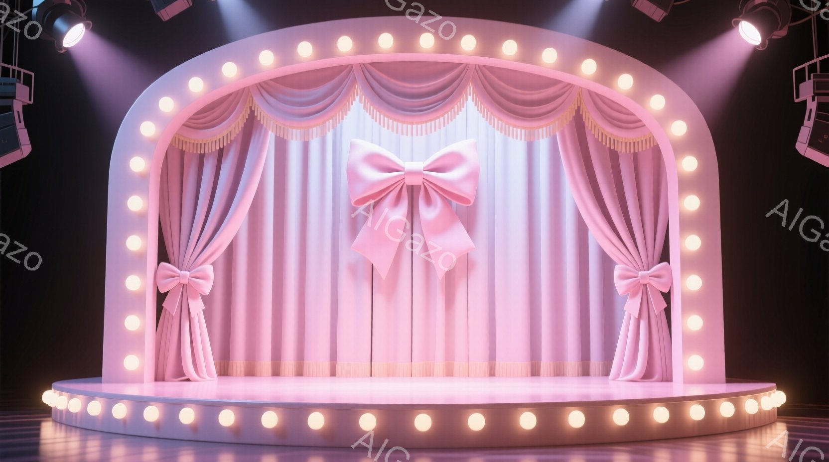 明るいピンク色のステージが写っており、豪華なカーテンが特徴的です。カーテンはリボンで結ばれており、ステージの周りには明るい電球が並んでいます。全体的に華やかで、エンターテイメントやパフォーマンスが行われる空間を連想させます。