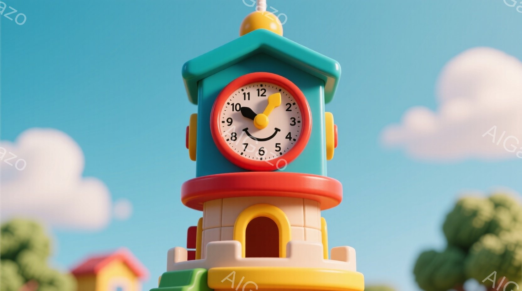 明るい青空の下、おもちゃのようなカラフルな時計台が描かれています。時計台は、ターコイズブルー、赤、黄色を基調とし、丸みを帯びた可愛らしいデザインで、時間は午前11時半を指しています。背景には、緑の木々と他のカラフルなおもちゃのような建物が見え、全体的に明るく遊び心のある雰囲気が漂っています。