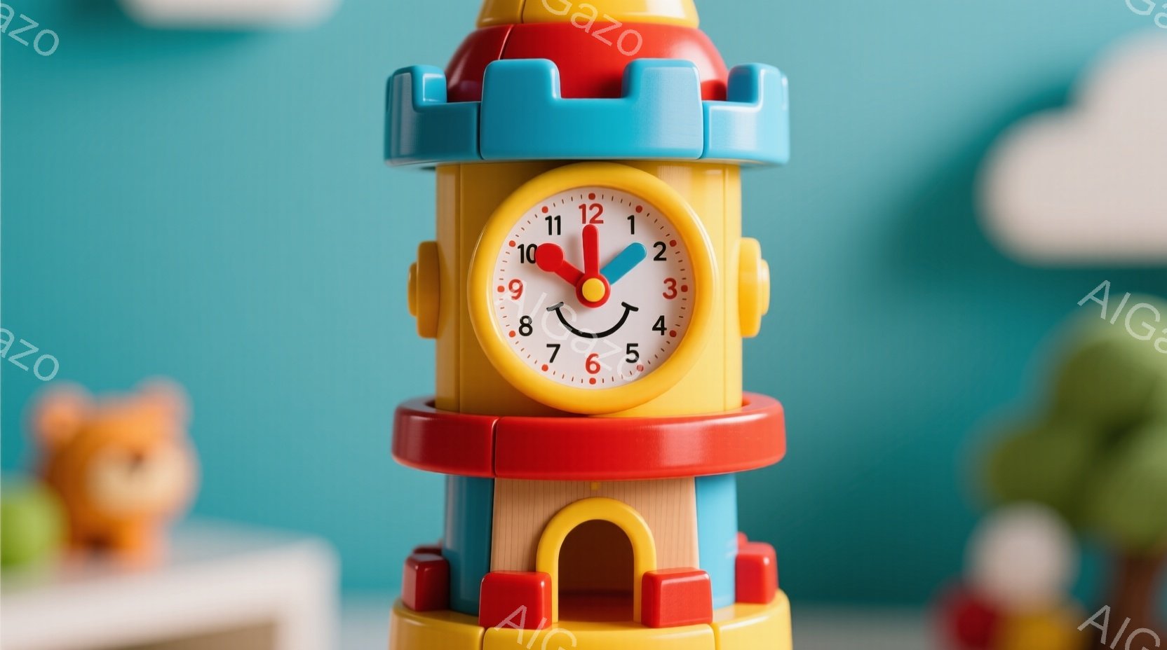 明るい青色の背景に、カラフルな積み重ね式の玩具の塔が写っています。塔の中央には、数字と針を持つ黄色い時計が取り付けられており、時刻は少し進んでいます。左下にはおもちゃの動物が見え、右には緑の植木が置か - AI生成フリー素材