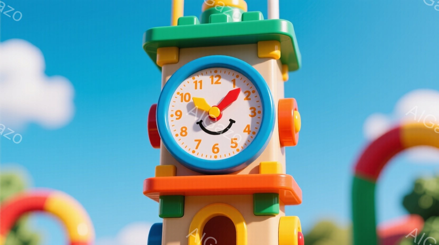 明るい青空の下、カラフルな積み木で作られた塔が写っています。塔の最上部には、笑顔の表情をした時計が取り付けられており、時間は2時を少し回った頃を示しています。背景には他のカラフルな積み木構造物や緑の植 - AI生成フリー素材