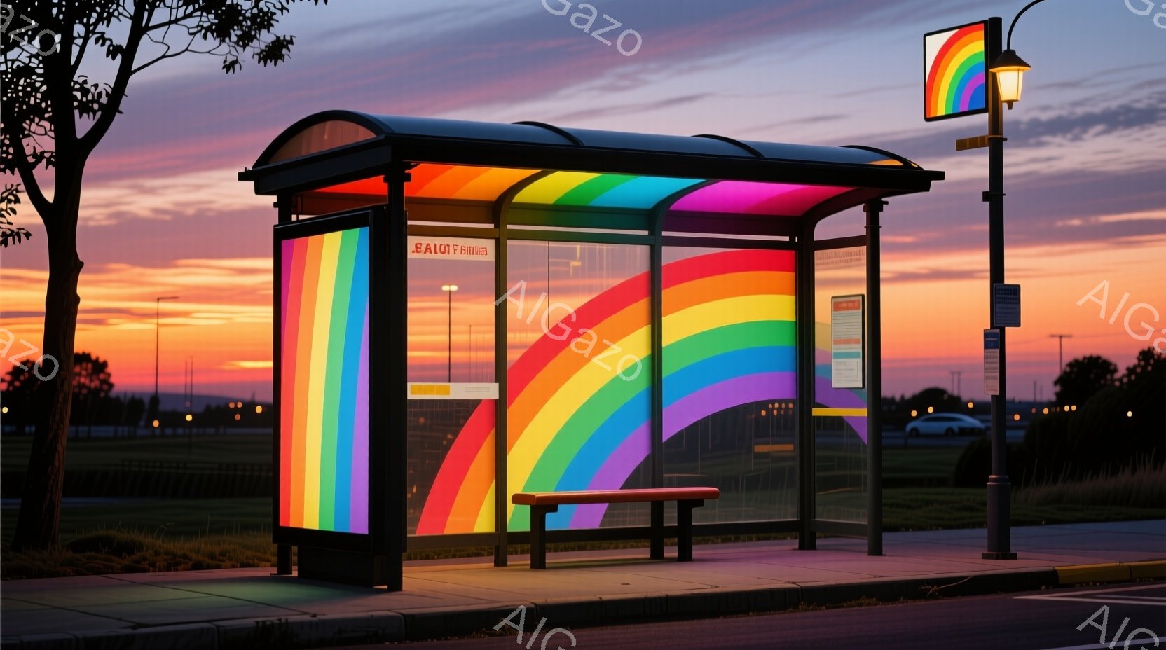 バス停が虹色に彩られ、夕焼け空の下でひときわ目を引いている。背景には緑豊かな草地と遠くの街並みが広がり、穏やかで平和な雰囲気を醸し出している。鮮やかな色彩と夕焼けのグラデーションが、温かく希望に満ちた - AI生成フリー素材