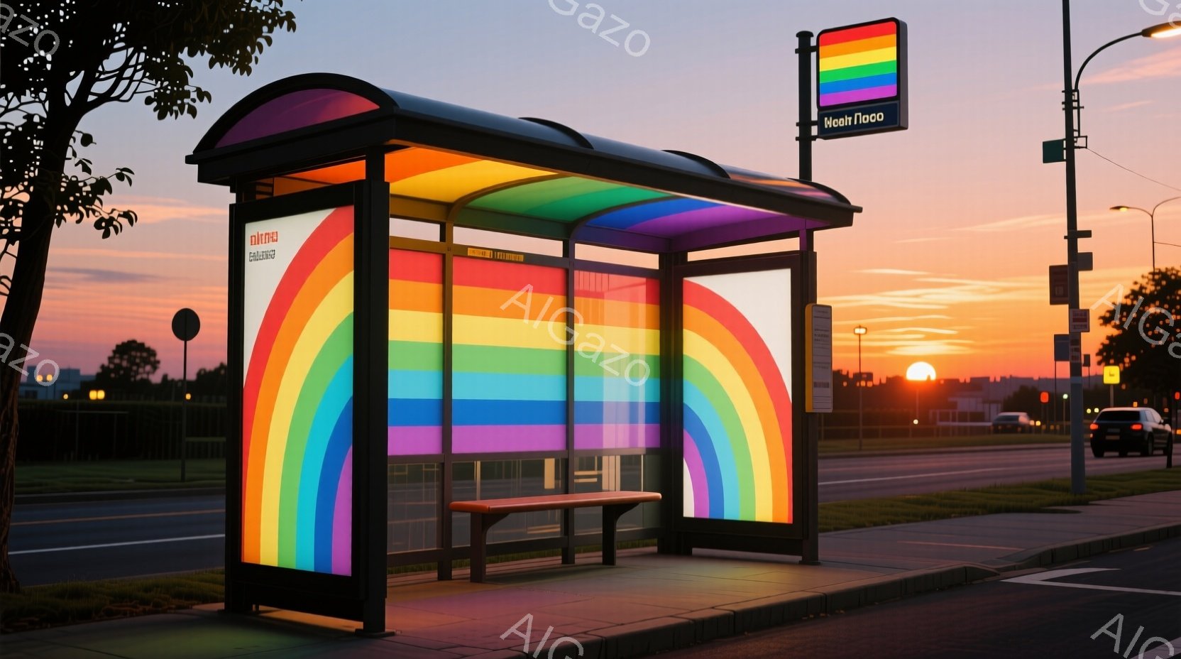 虹色に彩られたバス停が夕焼け空の下に佇む様子を捉えている。アスファルトの道路と緑の草地が広がり、遠くには街並みがぼんやりと見える。暖色系の空とバス停の鮮やかな色彩が組み合わさり、希望に満ちた穏やかな雰 - AI生成フリー素材