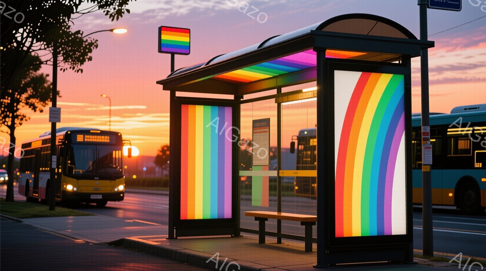 バス停が虹色の光で彩られ、その背景には夕焼け空が広がっている。黄色のバスが左手と右手にそれぞれ配置され、薄暗い道路に温かい光を投げかけている。全体的に、希望と静けさ、そして多様性を象徴するような穏やかな雰囲気が漂っている。