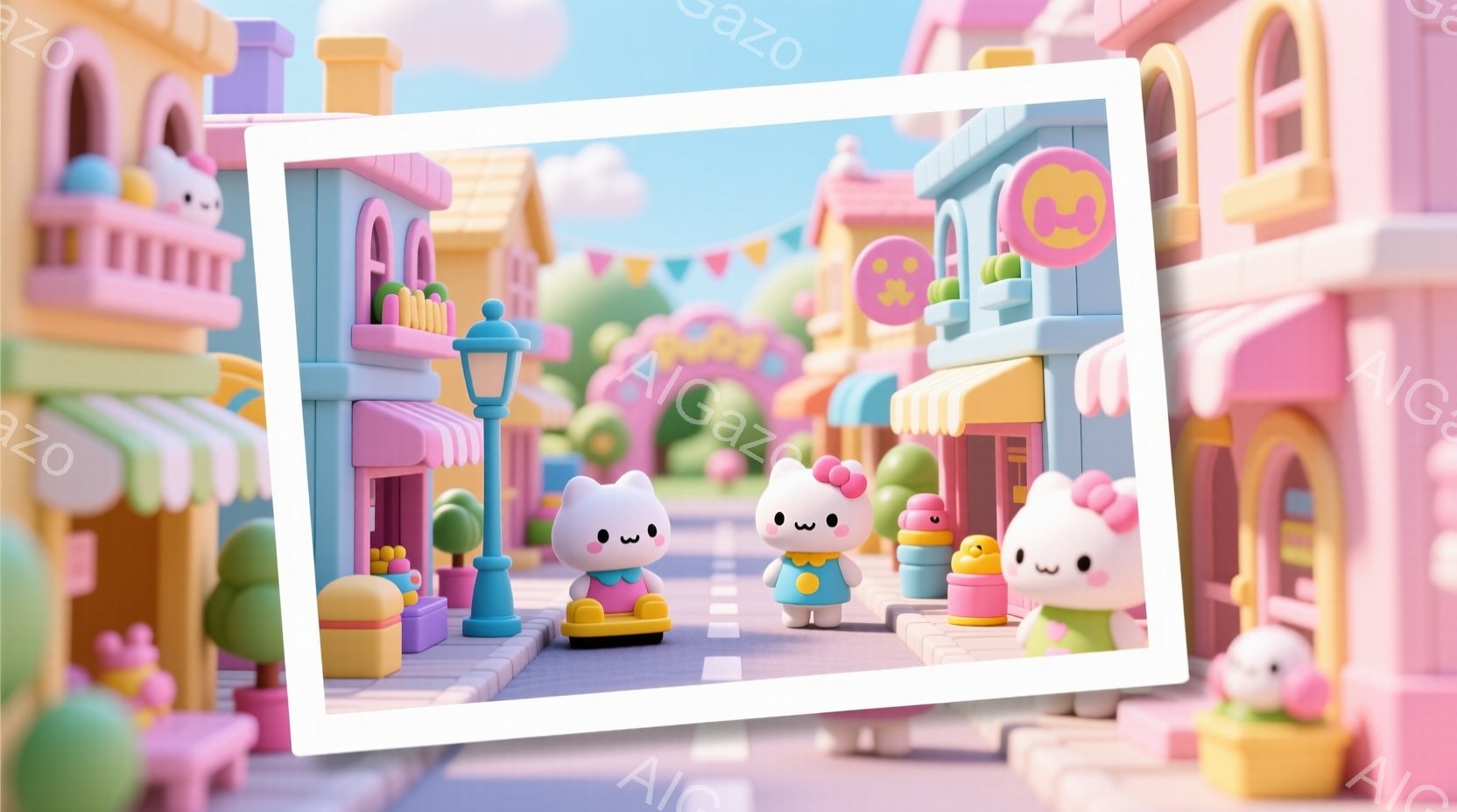 パステルカラーの可愛らしい街並みを舞台にしたイラストです。ハローキティを模したキャラクターたちが、それぞれユニークな乗り物に乗って遊んでいます。背景には、カラフルな建物や緑豊かな木々が見られ、晴れた空 - AI生成フリー素材