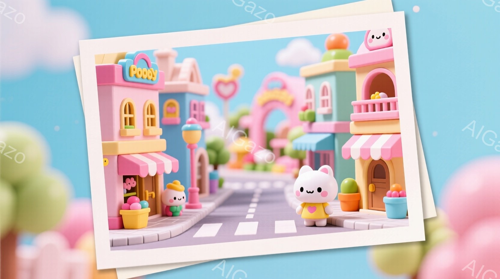 鮮やかなピンクと水色の背景に、可愛らしいミニチュアの街並みが広がっています。白い体でピンクの頬を持つ小さなキャラクターが2体、街路を歩いており、それぞれに笑顔が浮かんでいます。建物はパステルカラーで統一され、まるで絵本の世界のような、夢のある雰囲気が漂っています。