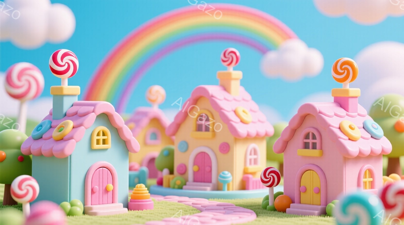 鮮やかな色彩のキャンディランドが広がり、パステルカラーの可愛らしい家々が並んでいます。各家の屋根にはキャンディが飾られ、入口にはカラフルな積み重ねられたお菓子が置かれています。背景には虹がかかり、綿菓子のような雲が浮かび、夢のような甘い雰囲気を醸し出しています。