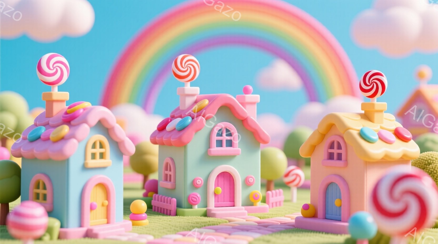 カラフルなキャンディのような家々が並び、まるで夢のような風景が広がっています。背景には虹がかかり、ふわふわとした雲が浮かび、遊び心満載で可愛らしい雰囲気が漂っています。家々はそれぞれ異なる色で、まるで砂糖菓子のように甘くてカラフルな世界が表現されています。