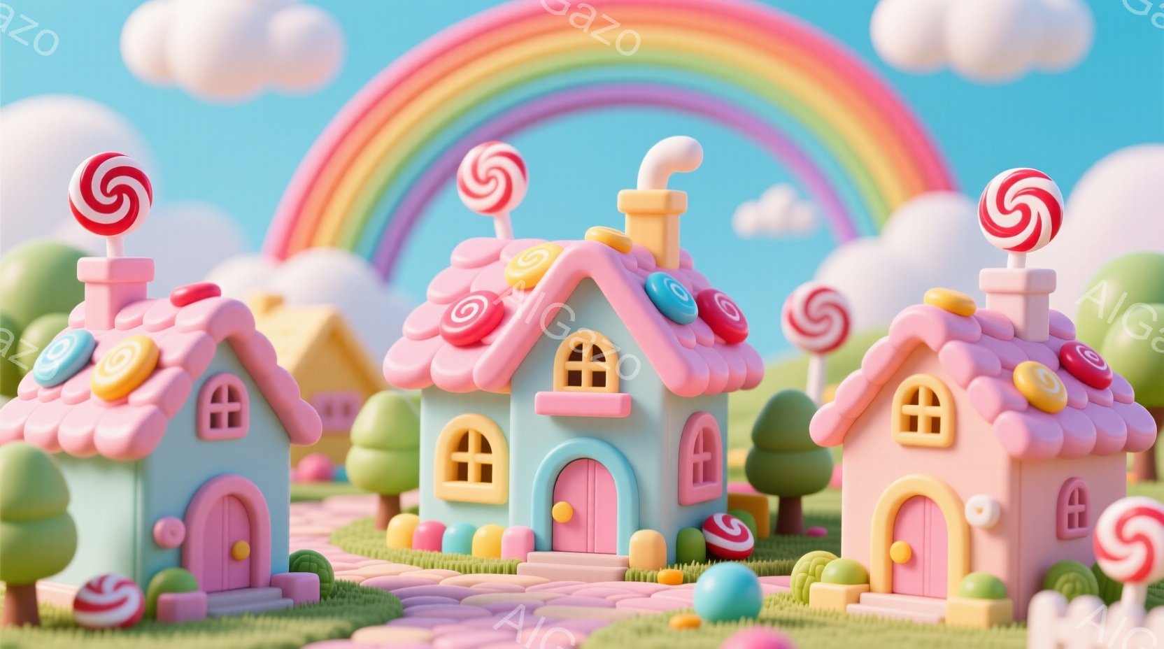 カラフルなキャンディランドの風景が描かれています。ピンク、水色、黄色などのパステルカラーの可愛らしい家々が並び、それぞれの屋根には大きなキャンディが飾られています。背景には虹がかかり、ふわふわとした雲 - AI生成フリー素材