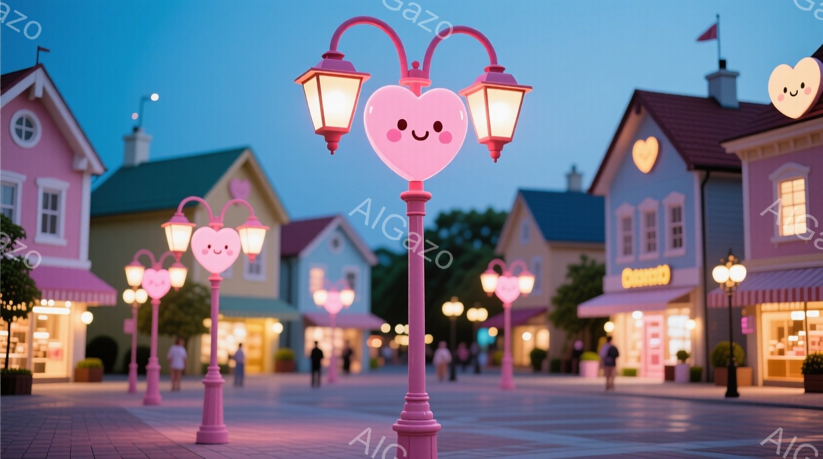 ピンク色の街灯が並ぶ、可愛らしい街並みを捉えています。建物はパステルカラーで、お店の名前が書かれた看板が飾られており、人々はカジュアルな服装でゆっくりと歩いています。空は夕暮れ時で、優しい光が街全体を - AI生成フリー素材