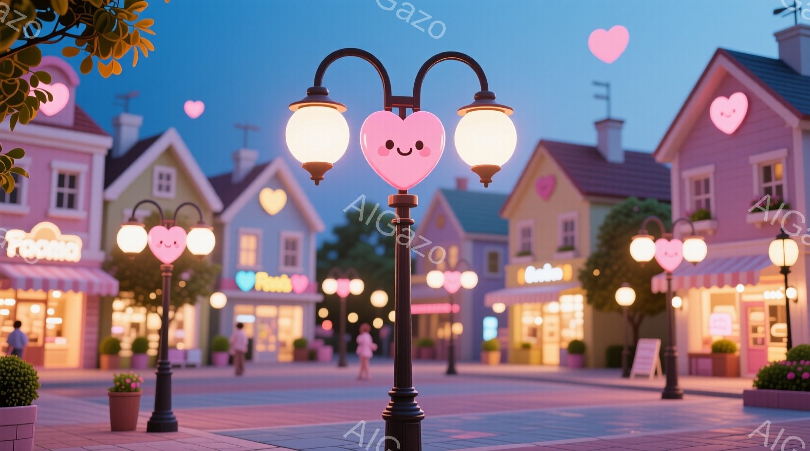 夜の街並みが描かれており、可愛らしいハート型の照明が並んでいます。建物はパステルカラーで統一されており、店先には商品が並んでいます。遠くには人物が歩いており、全体的に温かく、夢のような雰囲気が漂ってい - AI生成フリー素材