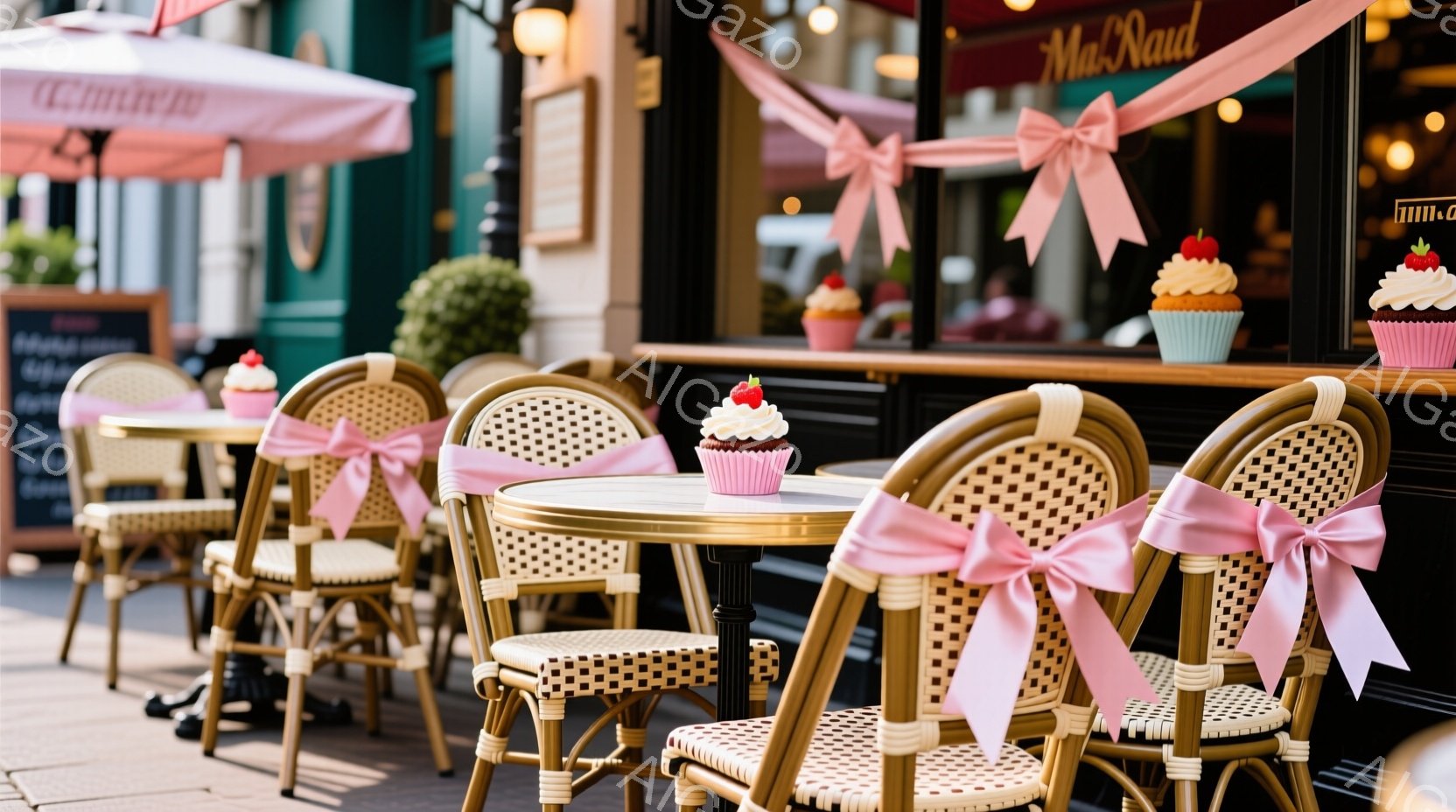 パリのカフェのテラス席が写っており、各椅子にはピンクのリボンが結ばれています。テーブルの上には可愛らしいピンクのカップケーキが置かれており、背景にはカフェの建物と緑の植物が見えます。全体的に、華やかで - AI生成フリー素材