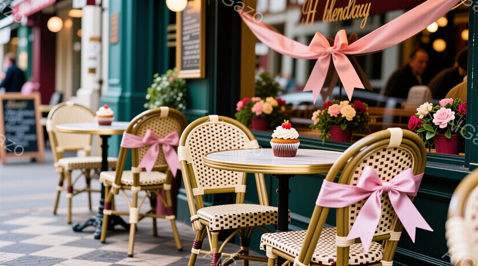 パリのカフェのテラス席が写っており、金色の椅子にはピンクのリボンが結ばれています。テーブルの上にはカップケーキと花が飾られ、背景にはカフェの緑色の壁と黒板、そしてぼんやりとした人影が見えます。全体的に - AI生成フリー素材