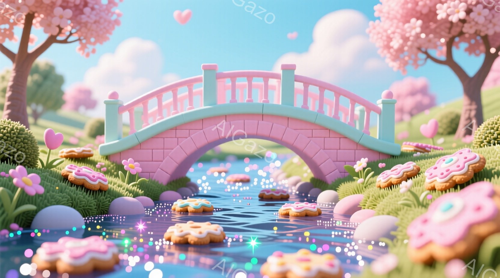 鮮やかなピンク色のアーチ橋が、キラキラと輝く小川にかかっています。川面にはドーナツが浮かび、緑の芝生と可愛らしい花々、そして背景の桜並木が春らしい雰囲気を醸し出しています。全体的にパステルカラーで統一 - AI生成フリー素材