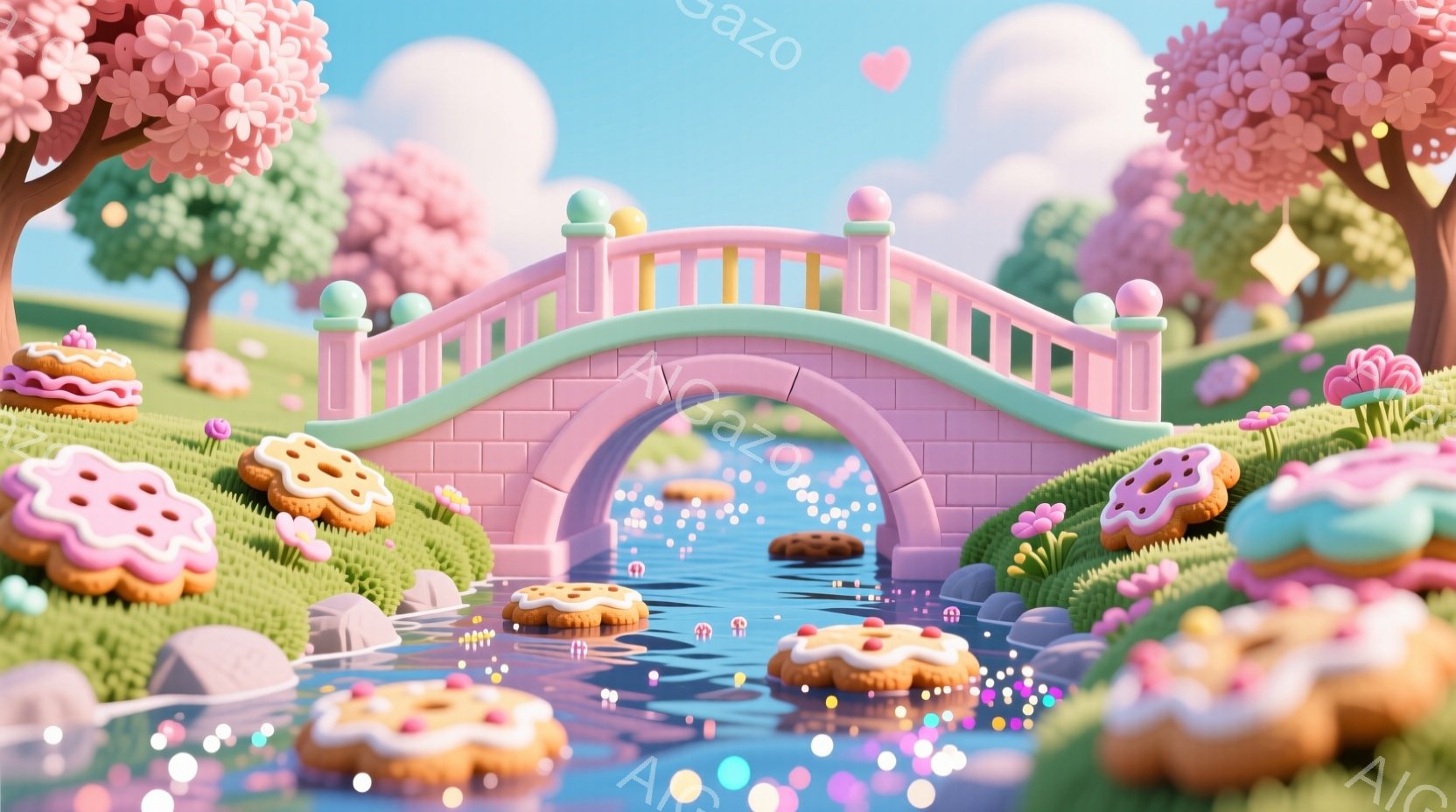 鮮やかな色彩で構成された可愛らしい風景です。アーチ型の淡いピンク色の橋が小川にかかり、川面にはカラフルな丸いお菓子が浮かんでいます。背景には緑の芝生と、花びらが舞う桜のような木々が配置され、夢のような - AI生成フリー素材
