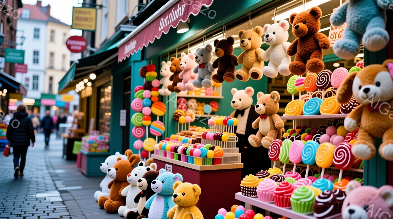 石畳の道沿いに、可愛らしいテディベアやキャンディー、カップケーキのおもちゃが並んだお店が写っています。背景には、歴史的な建物が立ち並び、石畳の道と相まって、古いヨーロッパの街並みを思わせる雰囲気です。 人々は歩行しており、晴れた空の下、賑やかな観光地の様子が伺えます。