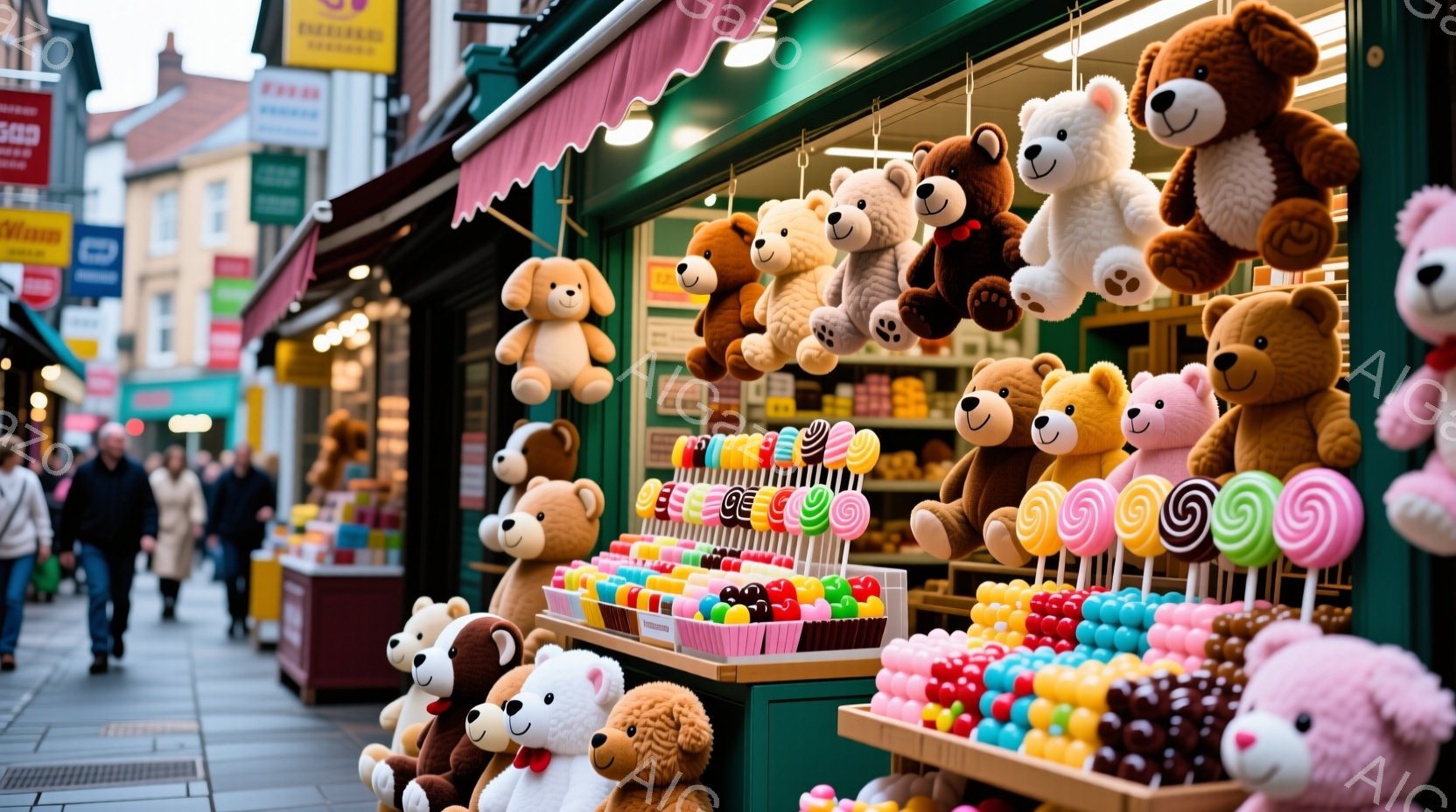 石畳の道沿いに、おもちゃやキャンディーを並べたお店が並んでいる。窓には、様々な色や大きさのテディベアがぎっしりと詰め込まれ、カラフルなキャンディーの山がテディベアたちを囲んでいる。人々が歩き、商店街は - AI生成フリー素材