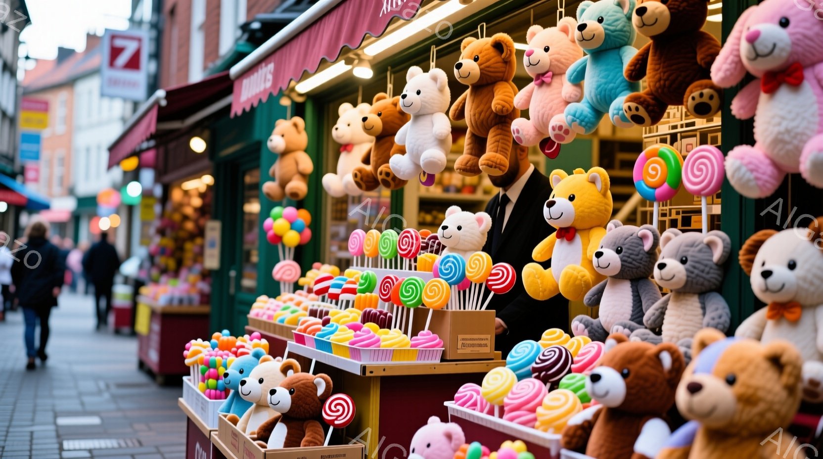カラフルなクマのぬいぐるみとキャンディが並んだ屋台が、石畳の通りに沿って設置されています。背景には可愛らしい建物が並び、晴れた日の賑やかな観光地の様子が伺えます。全体的に明るく、お祭りや遊園地のような楽しい雰囲気が漂っています。