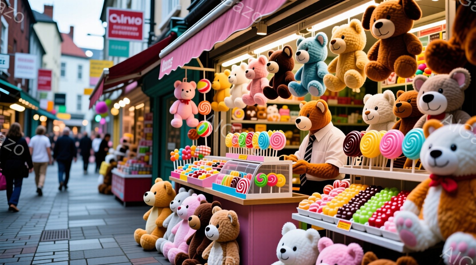 ショッピング街にあるたくさんのテディベア店。人々が過ごす、楽しく巧いおもちゃの世界を映す。
