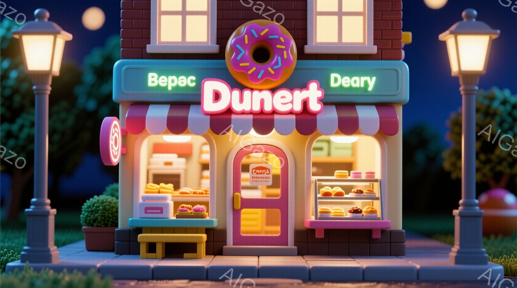 かわいらしいドーナツ屋の正面図です。明るいピンクと白を基調とした建物は、カラフルなドーナツのディスプレイが並び、楽しげな雰囲気を醸し出しています。夜の背景には街灯が灯り、緑豊かな芝生が敷かれた可愛らしい空間が描かれています。