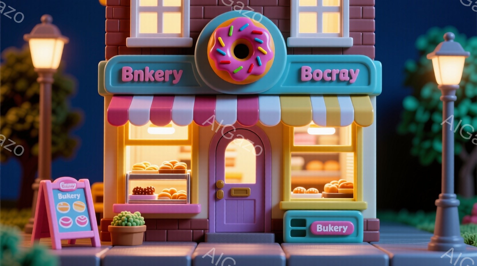 暖かく光るドーナツ店の外観で、紫色の建物にピンクの庇と水色の装飾が施されています。ショーケースには様々な焼き菓子が並び、手前にはメニューボードが置かれています。背景には建物や植物が見え、夜の落ち着いた - AI生成フリー素材