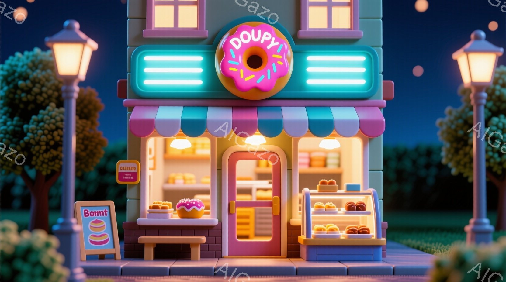 可愛らしいドーナツ屋が夜の風景の中にあります。お店はパステルカラーで、明るいネオンサインが飾られています。背景には緑の木々が茂り、柔らかい光が差し込み、温かくて甘い雰囲気を醸し出しています。 - AI生成フリー素材