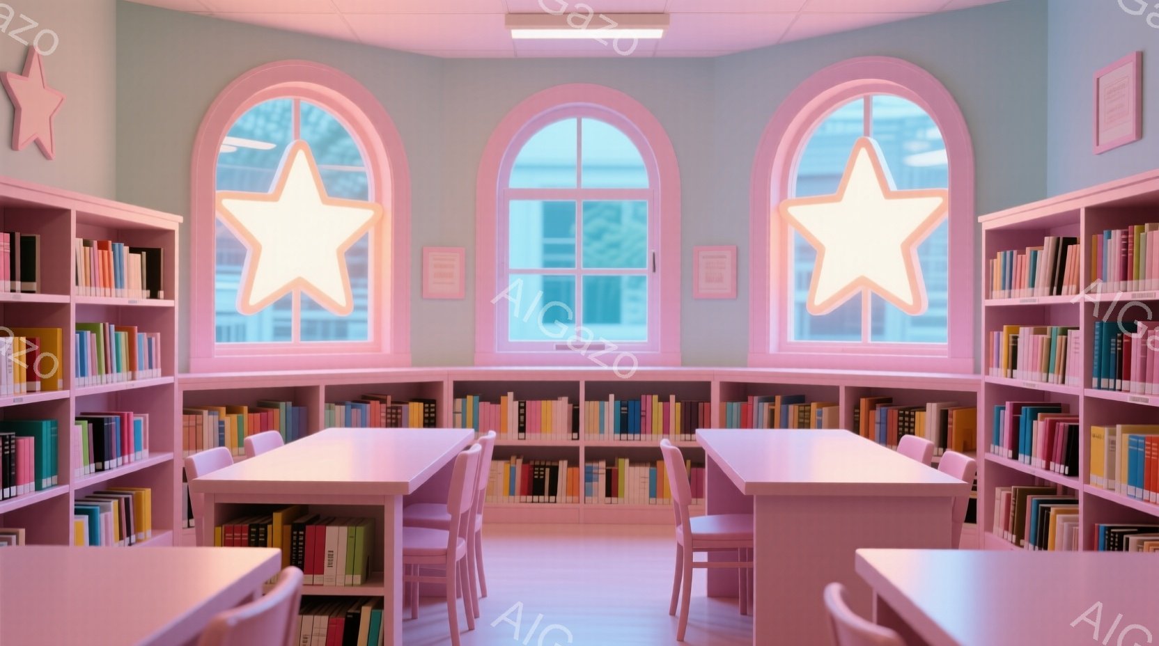 柔らかいピンク色で統一された図書館の内部です。壁一面の本棚には色とりどりの本が並び、窓からは柔らかな光が差し込んでいます。窓の形はアーチ状で、星形の装飾が可愛らしい雰囲気を醸し出しています。 - AI生成フリー素材