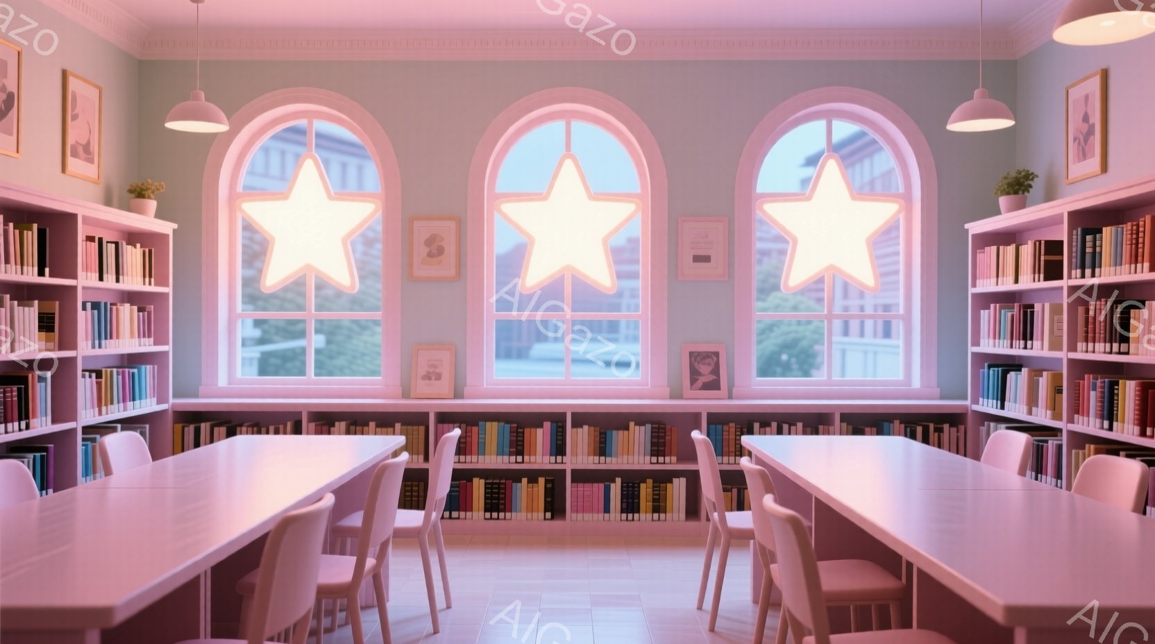 薄いピンク色の壁と家具が印象的な図書館の内部です。3つの大きなアーチ型の窓からは星形の光が差し込み、ピンク色の本棚が壁一面に並んでいます。テーブルと椅子は明るいピンク色で、部屋全体が夢のような、優しい - AI生成フリー素材