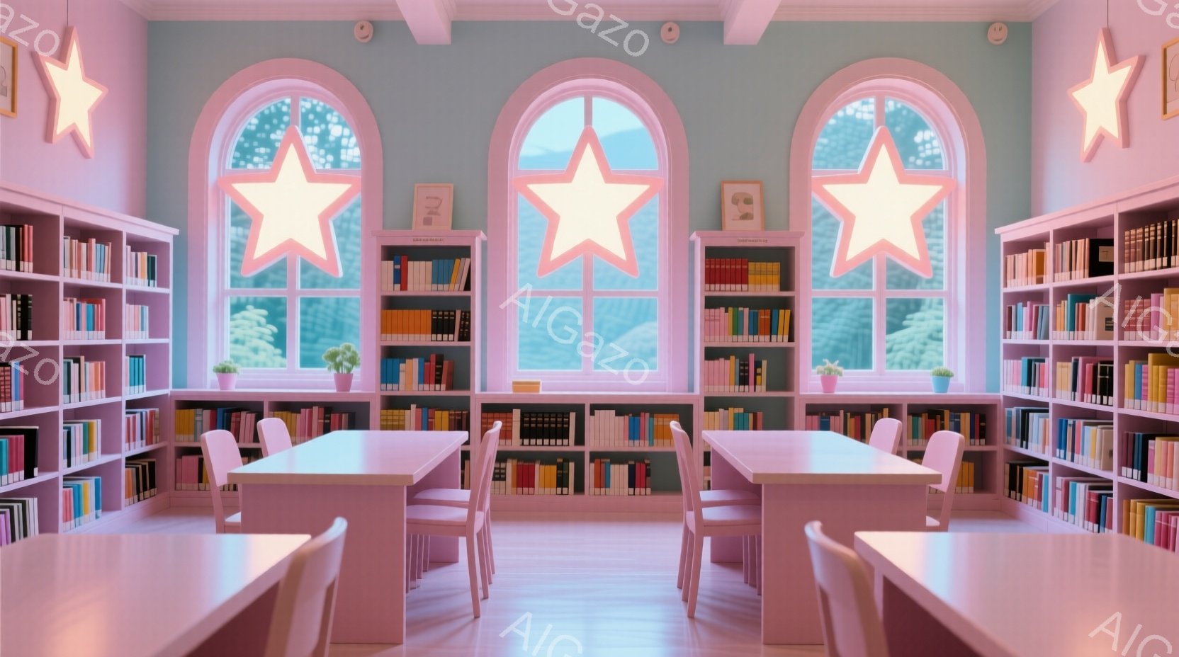 ピンク色の図書館の内部で、明るい自然光が大きなアーチ型の窓から差し込んでいる。部屋には、ピンク色の本棚が壁一面に並び、机と椅子が整然と配置されている。全体的に明るく、可愛らしい雰囲気で、学習や読書に集 - AI生成フリー素材