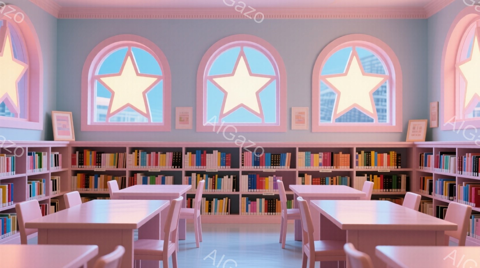 淡いピンク色の図書館の内部を描いています。壁一面の本棚には様々な色の本が並び、3つのアーチ型の窓からは星形の光が差し込んでいます。明るく柔らかな雰囲気で、学習や読書に集中できる静かな空間が表現されています。