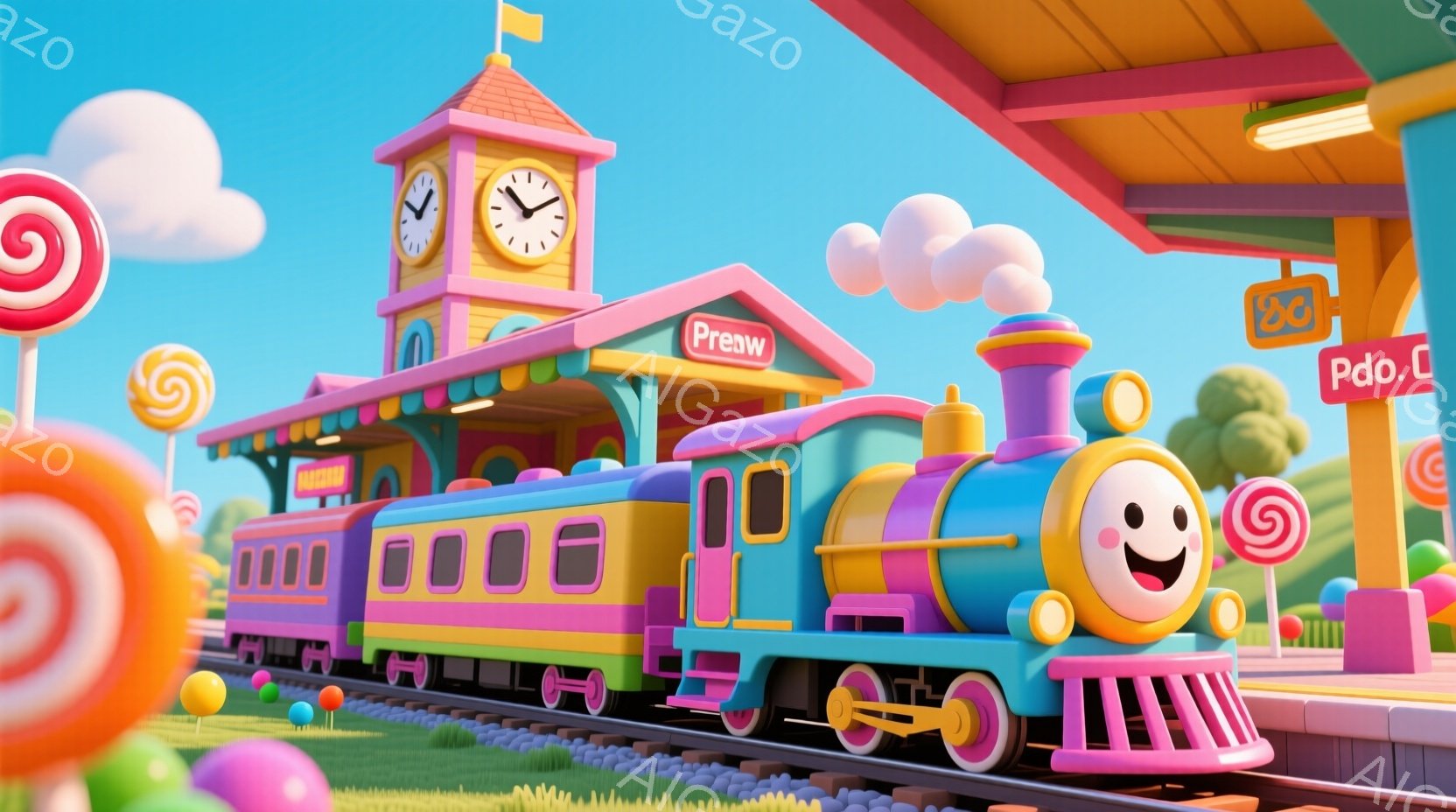 明るいピンクと水色の列車が、お菓子のようなカラフルな駅に停車しています。列車の先頭には笑顔の顔があり、ピンク色の煙突とストライプが特徴的です。背景にはキャンディや丸い雲が浮かび、全体的に夢のようなお菓子の国のような雰囲気です。