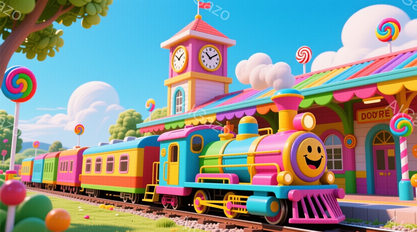 カラフルな蒸気機関車が駅に停車しており、車体は緑、ピンク、オレンジ、青と鮮やかな色で彩られています。駅舎も同様にカラフルで、キャンディや綿菓子のような装飾が施され、明るく楽しい雰囲気を醸し出しています。背景には緑の丘、青い空、そしてふわふわとした雲が広がり、夢のような世界観を表現しています。