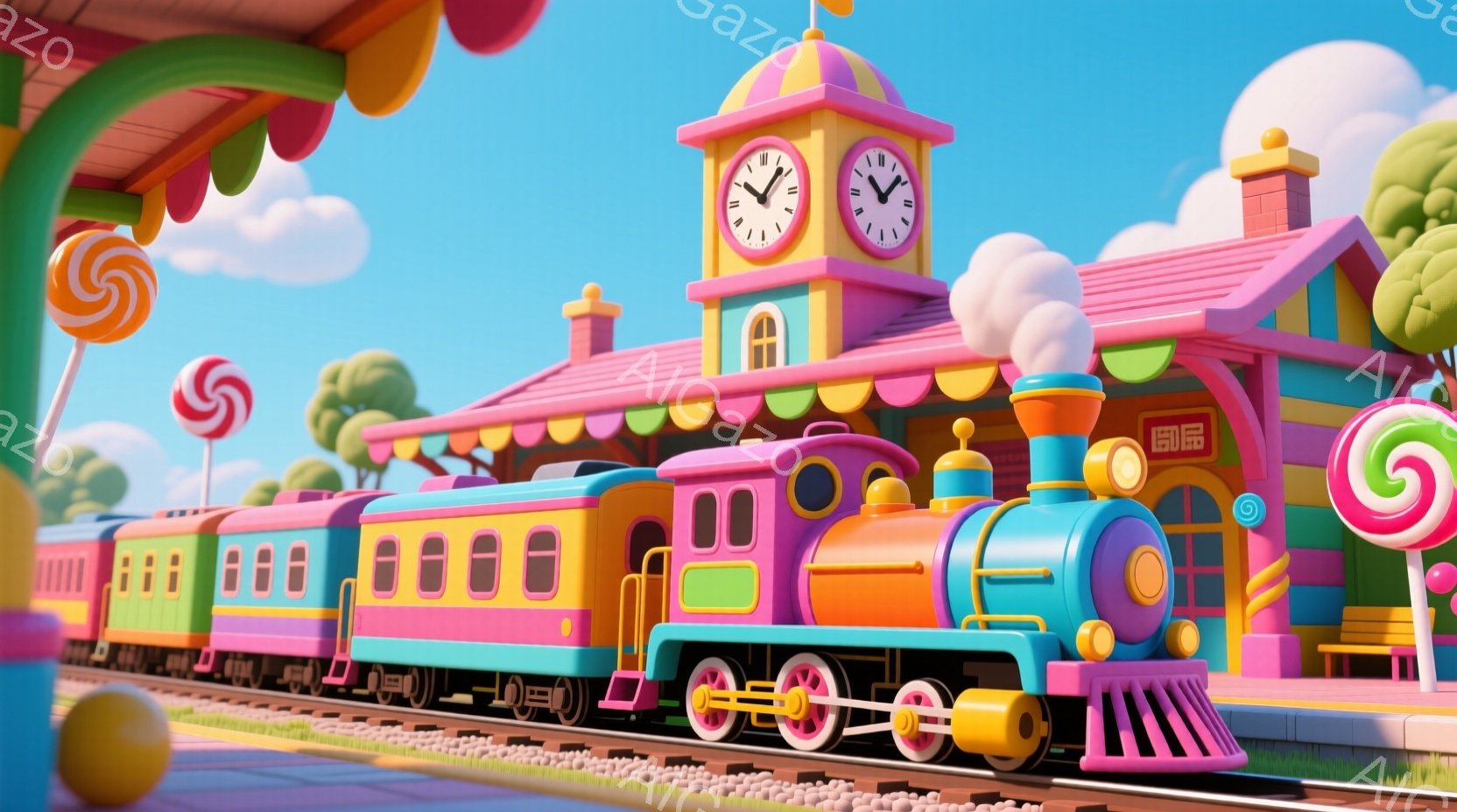 カラフルな蒸気機関車が駅構内に停車しており、ピンク、青、オレンジ、紫色の車体が特徴的です。背景には、キャンディのような装飾が施されたピンク色の駅舎と、丸い雲が浮かぶ青い空が広がっています。全体的に明るく、お菓子の国のような夢のある雰囲気です。