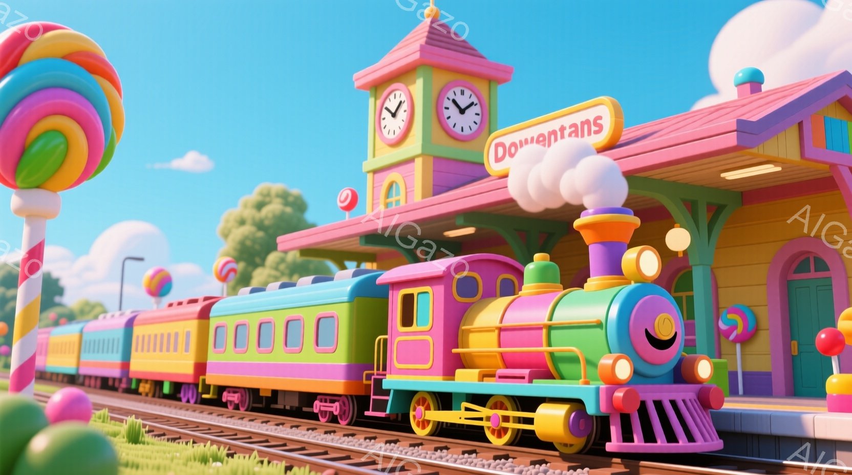カラフルなキャンディのような列車が線路を走っており、背景にはパステルカラーの駅舎が見えます。駅舎は明るいピンク色と黄色を基調とし、時計台が特徴的です。全体的に夢のような、遊び心溢れる雰囲気で、まるで絵本の世界のようです。