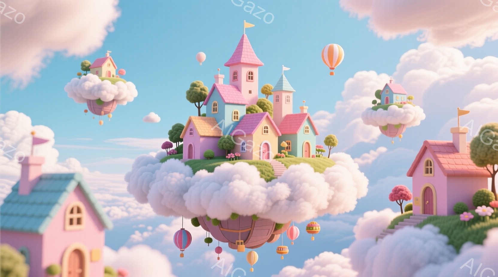 雲の上に浮かぶ、パステルカラーの可愛らしい家々が印象的な光景です。ピンクや水色の建物は、丸みを帯びたデザインで、まるで絵本の世界のようです。空には小さな風船のようなものが浮かび、全体的に夢見心地で穏やかな雰囲気を醸し出しています。
