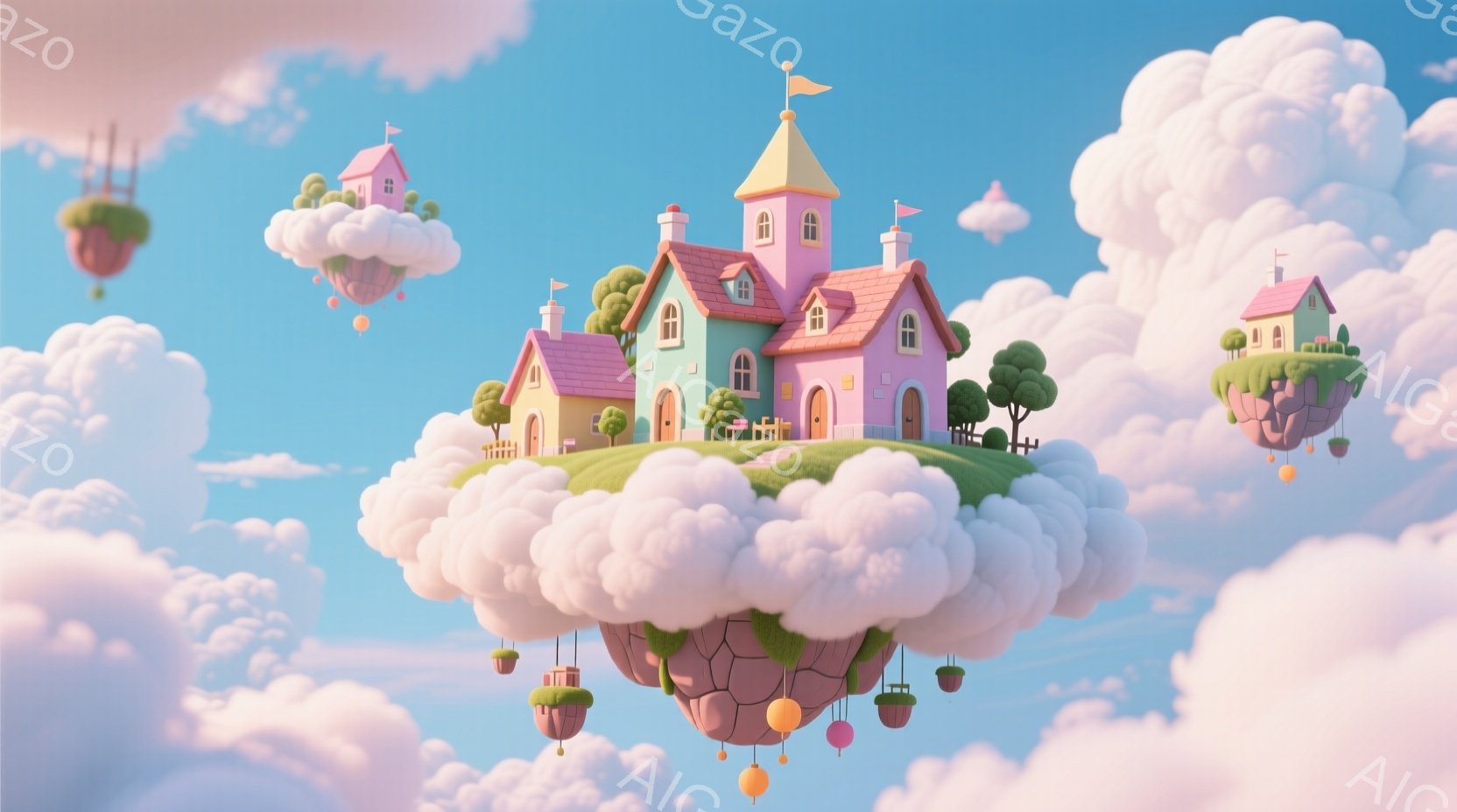 雲の上に浮かぶ、パステルカラーの可愛らしい家々が印象的な光景です。ピンク、緑、黄色などの明るい色調が、夢のような優しい雰囲気を醸し出しています。空にはさらに小さな雲の島が浮かび、それぞれの島には可愛ら - AI生成フリー素材