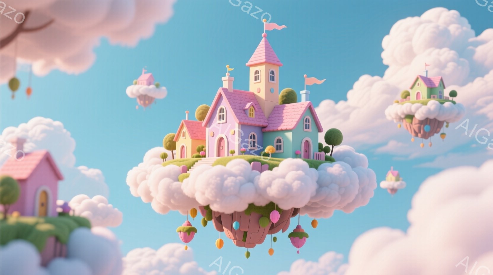 雲の上に浮かぶ可愛らしいピンク色の家々が印象的な光景です。家々はすべてパステルカラーで、丸みを帯びたフォルムと、小さな旗、カラフルな風船が飾り付けられています。背景は明るい水色で、ふわふわとした雲が広 - AI生成フリー素材