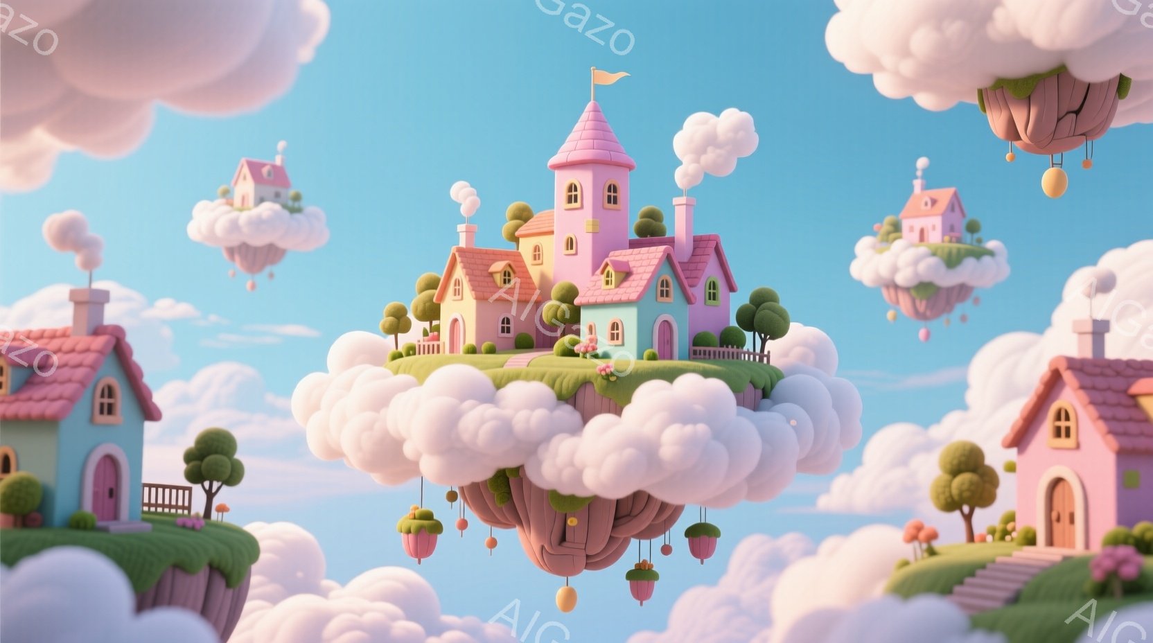 柔らかいピンクとパステルカラーの家々が、ふわふわとした雲の上に乗って空に浮かんでいます。家々は可愛らしいデザインで、小さな庭や煙突、そして風船のような装飾が施されています。背景は明るい青空で、全体的に - AI生成フリー素材