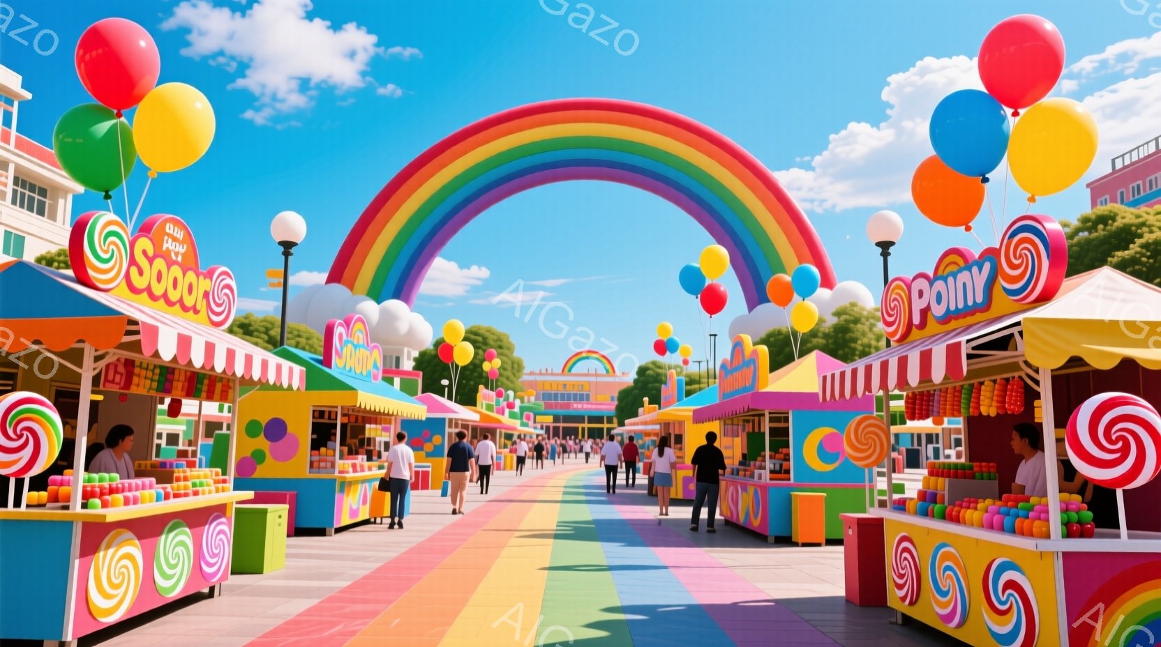 カラフルなキャンディの露店が並ぶ賑やかな遊園地が描かれています。人々はカジュアルな服装で、歩き回ったり、お店を覗いたりしています。背景には建物や緑が見え、晴天で明るい雰囲気です。 - AI生成フリー素材