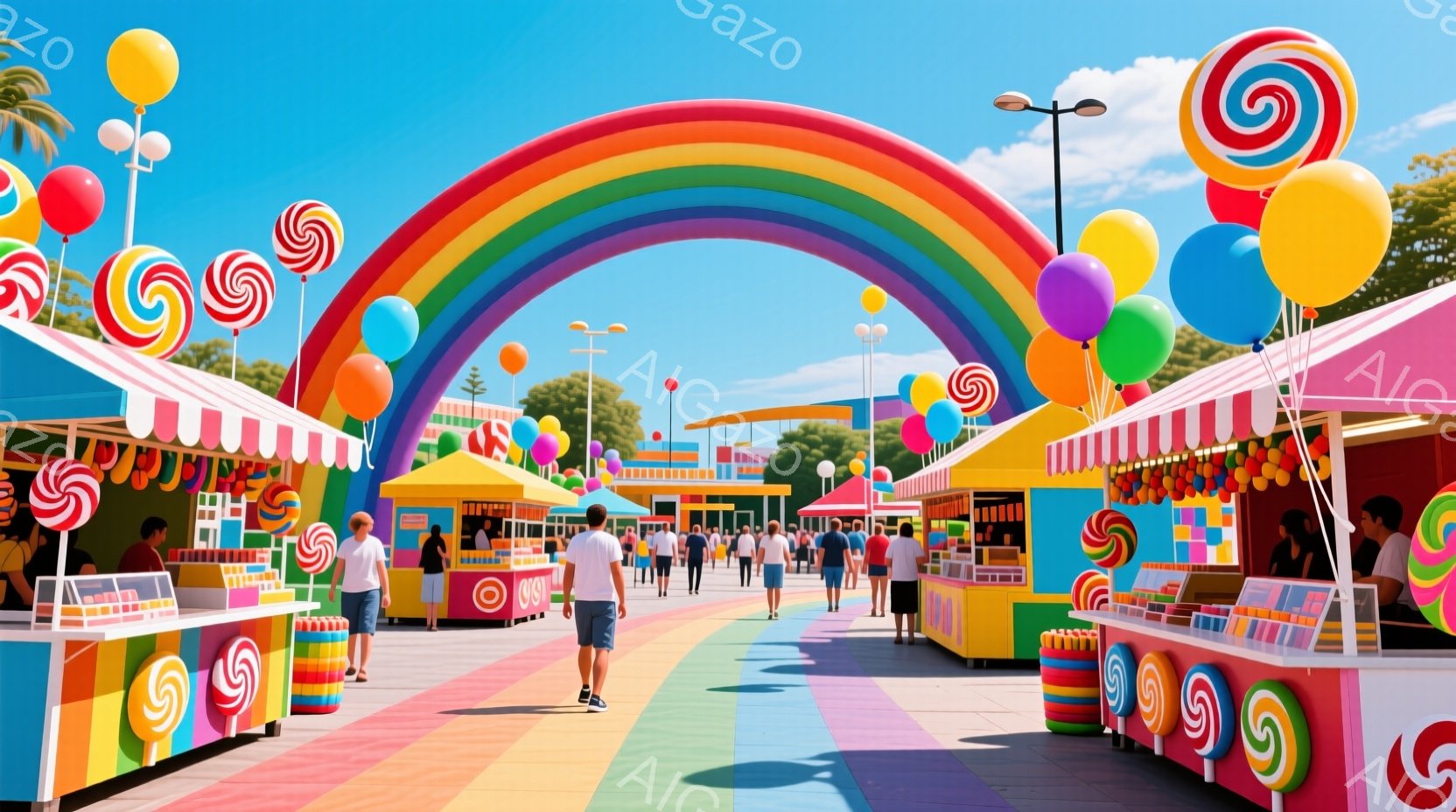 カラフルなキャンディが並ぶ屋台が並び、虹色のアーチが印象的な遊園地またはお祭りの光景です。人々はカジュアルな服装で、リラックスした様子で歩き回り、楽しんでいるようです。背景には、緑豊かな木々と青い空が - AI生成フリー素材