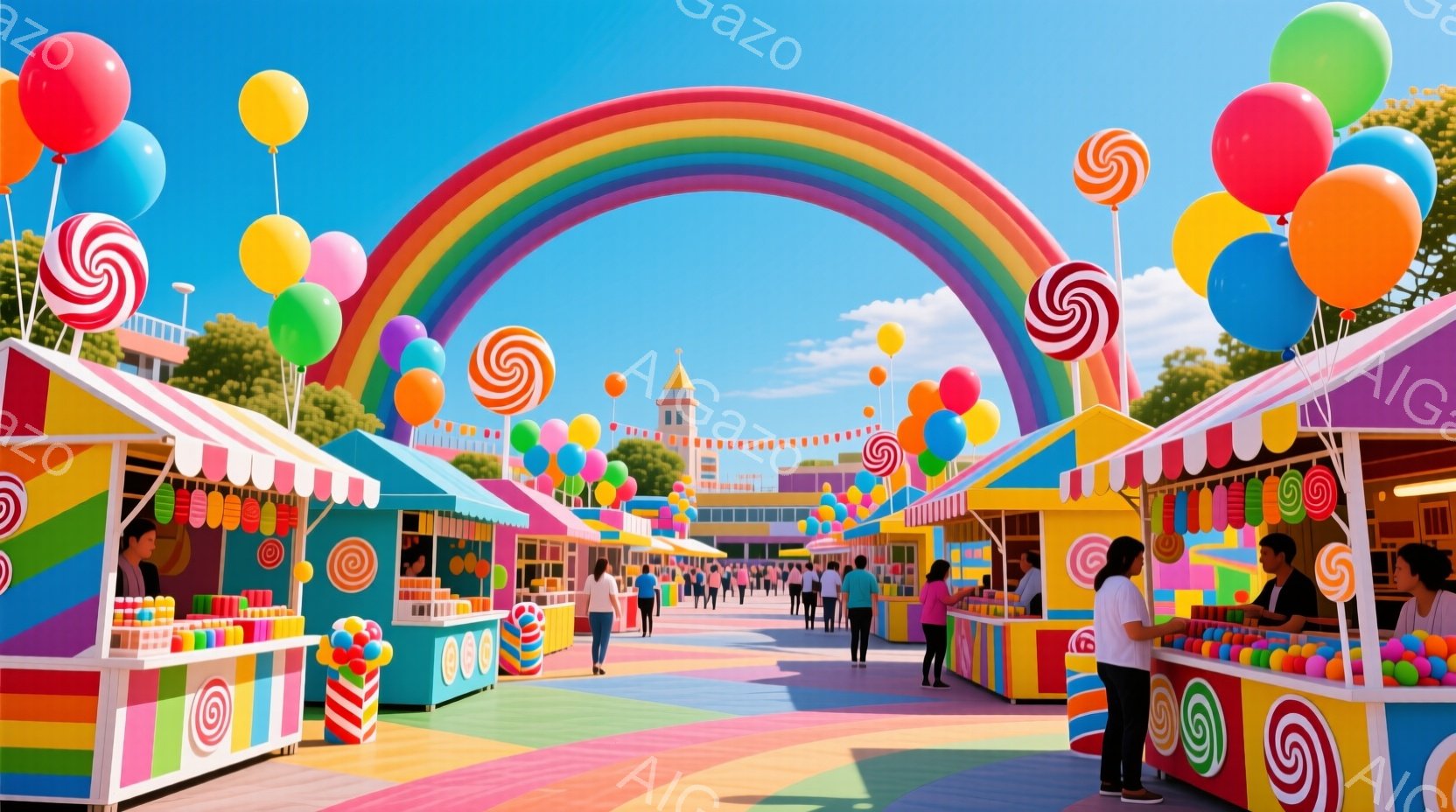 カラフルなキャンディが並んだ屋台が並び、虹色のアーチが印象的な遊園地またはお祭りの様子が描かれています。人々はカジュアルな服装で、屋台でお菓子を選んだり、会話を楽しんだりしています。背景には、可愛らし - AI生成フリー素材