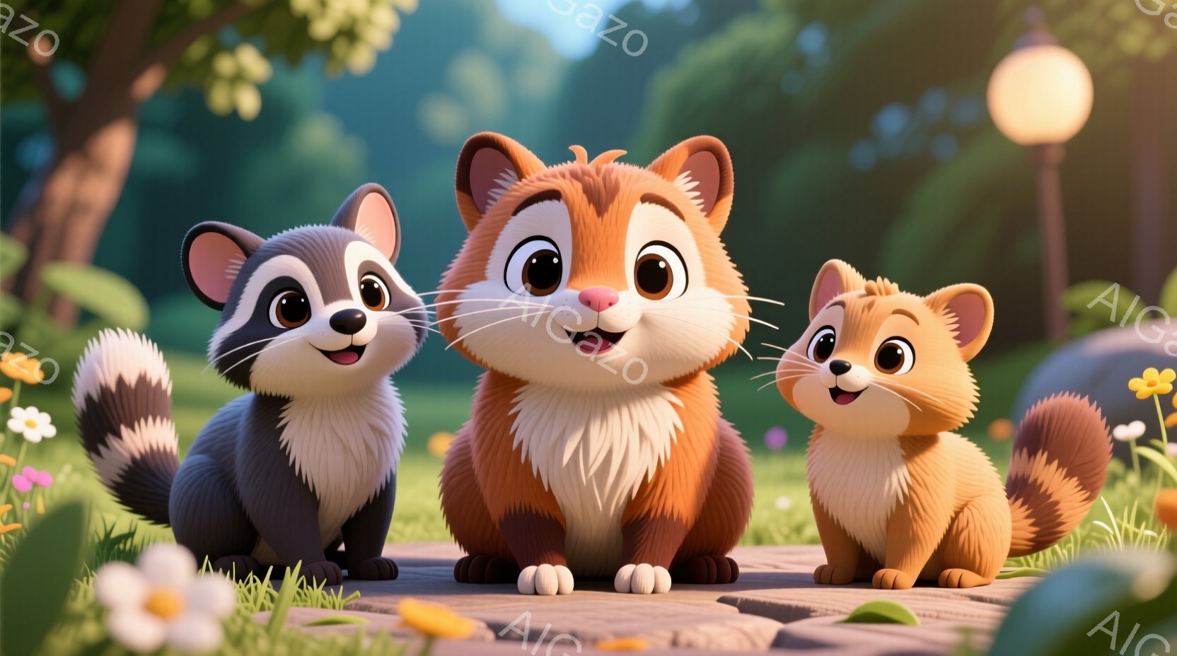 暖かく、カラフルな自然の中で、アライグマと2匹のキツネが並んで座っています。彼らは皆笑顔で、幸福で遊び心のある雰囲気を醸し出しています。背景には緑豊かな草地、カラフルな花、そしてぼんやりとした街並みが広がり、穏やかで楽しい一日を予感させます。