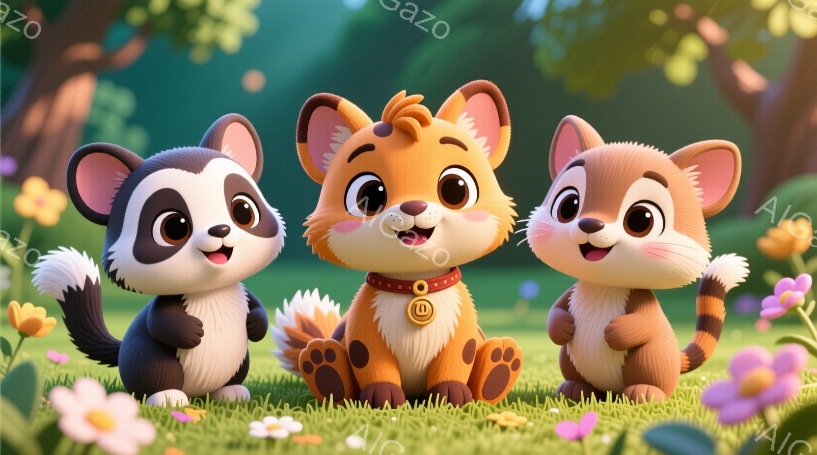 三匹の愛らしい動物たちが緑豊かな草原に並んで座っています。中央のオレンジ色の動物は赤い首輪をつけており、他の二匹はそれぞれ黒と茶色の毛並みで、皆笑顔で可愛らしい表情をしています。背景には鮮やかな花々が - AI生成フリー素材