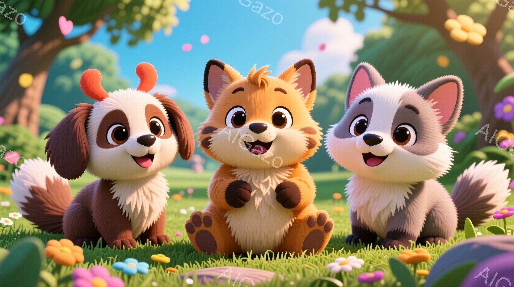 ３匹の愛らしい子犬が緑豊かな草原に座って正面を向いています。茶色、オレンジ、グレーの毛並みで、それぞれ大きな瞳と笑顔を見せており、とても陽気な雰囲気です。背景には花が咲き乱れ、木々が生い茂り、晴れた空 - AI生成フリー素材