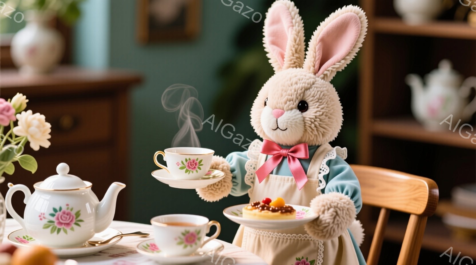 ふわふわのウサギのぬいぐるみが、青いドレスと白いエプロンを着て、ティータイムを楽しんでいる様子が描かれています。ウサギは微笑んでおり、片手に湯気の立つティーカップ、もう片手にケーキの皿を持って、上品に座っています。背景には、花柄のテーブルクロス、ティーポット、そして暖色系の家具が見え、温かく穏やかな雰囲気が漂っています。