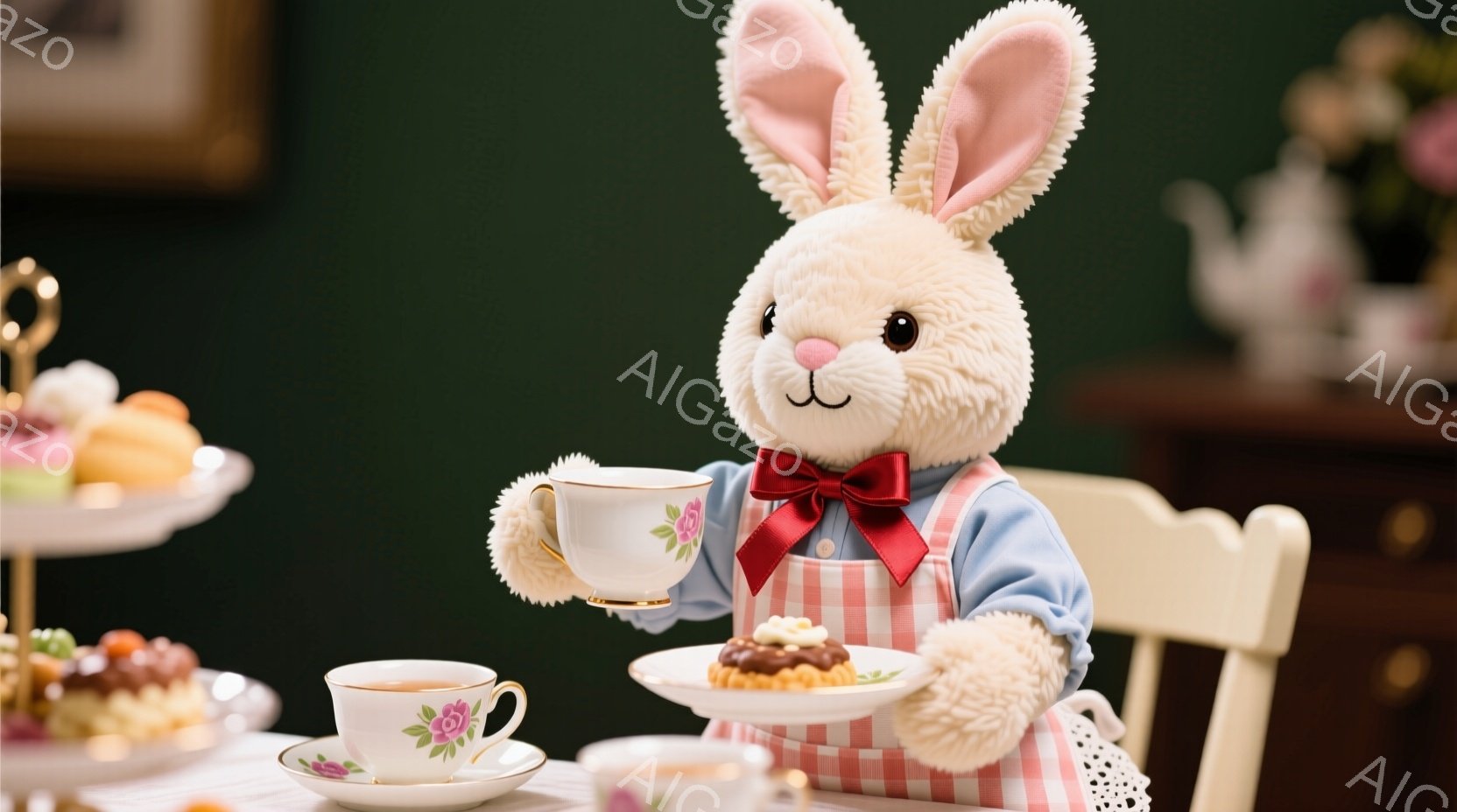 ふわふわの白いウサギのぬいぐるみが、水色のシャツにギンガムチェックのエプロン、赤いリボンをつけてティータイムを楽しんでいます。ウサギは片手にティーカップ、もう片手にケーキの皿を持って微笑んでおり、上品な雰囲気です。背景には、白く美しいティーセットやケーキが並べられたテーブル、そして暖色系の絵画が飾られた壁が見え、優雅な午後のティータイムの光景を表しています。