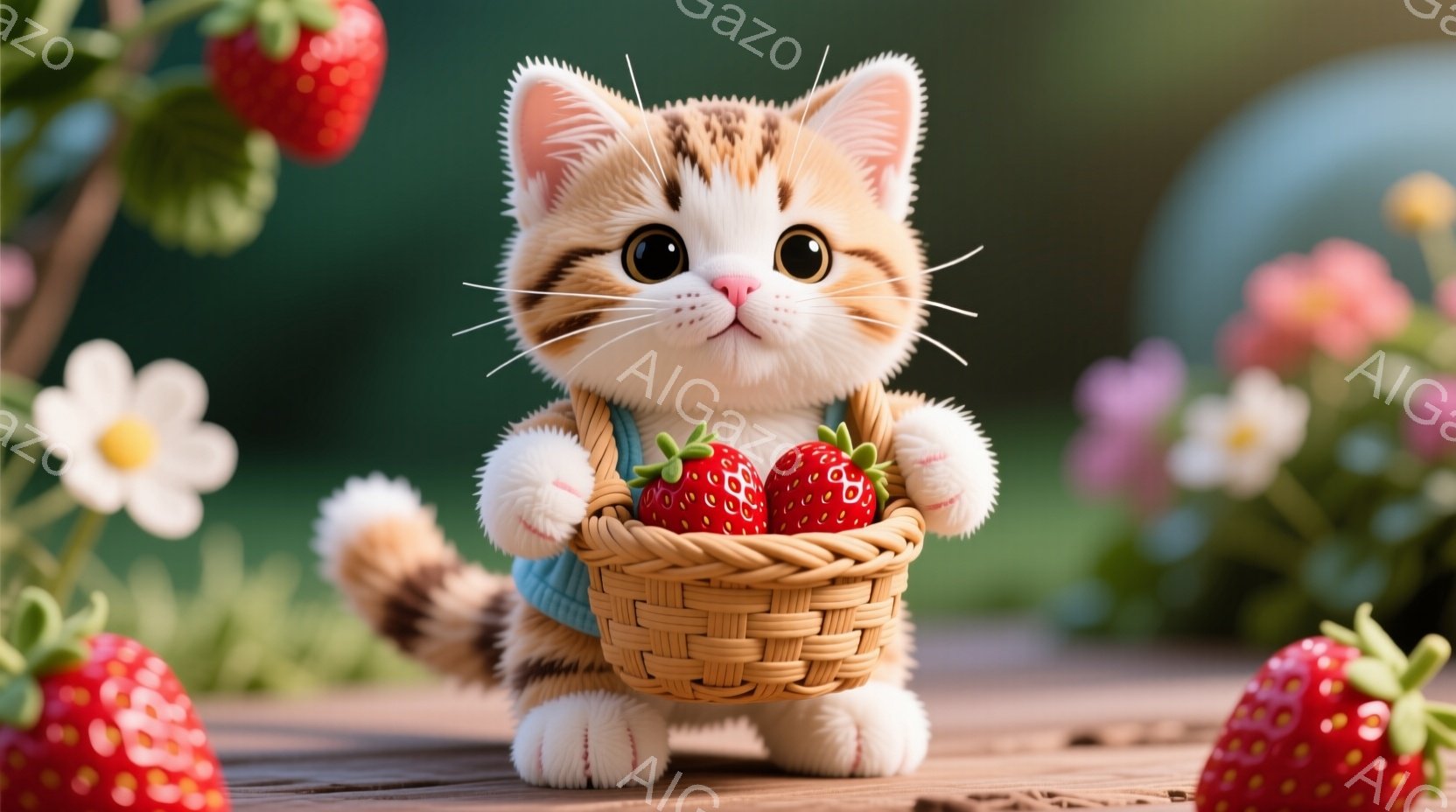 茶色と白の縞模様の猫が、小さな編みかごいっぱいのイチゴを持って立っています。猫は青いベストを着ており、つぶらな瞳と穏やかな表情が可愛らしいです。背景には、木製のテーブルと、白い花や赤いイチゴが散りばめられた緑豊かな自然が広がっており、暖かく優しい雰囲気です。