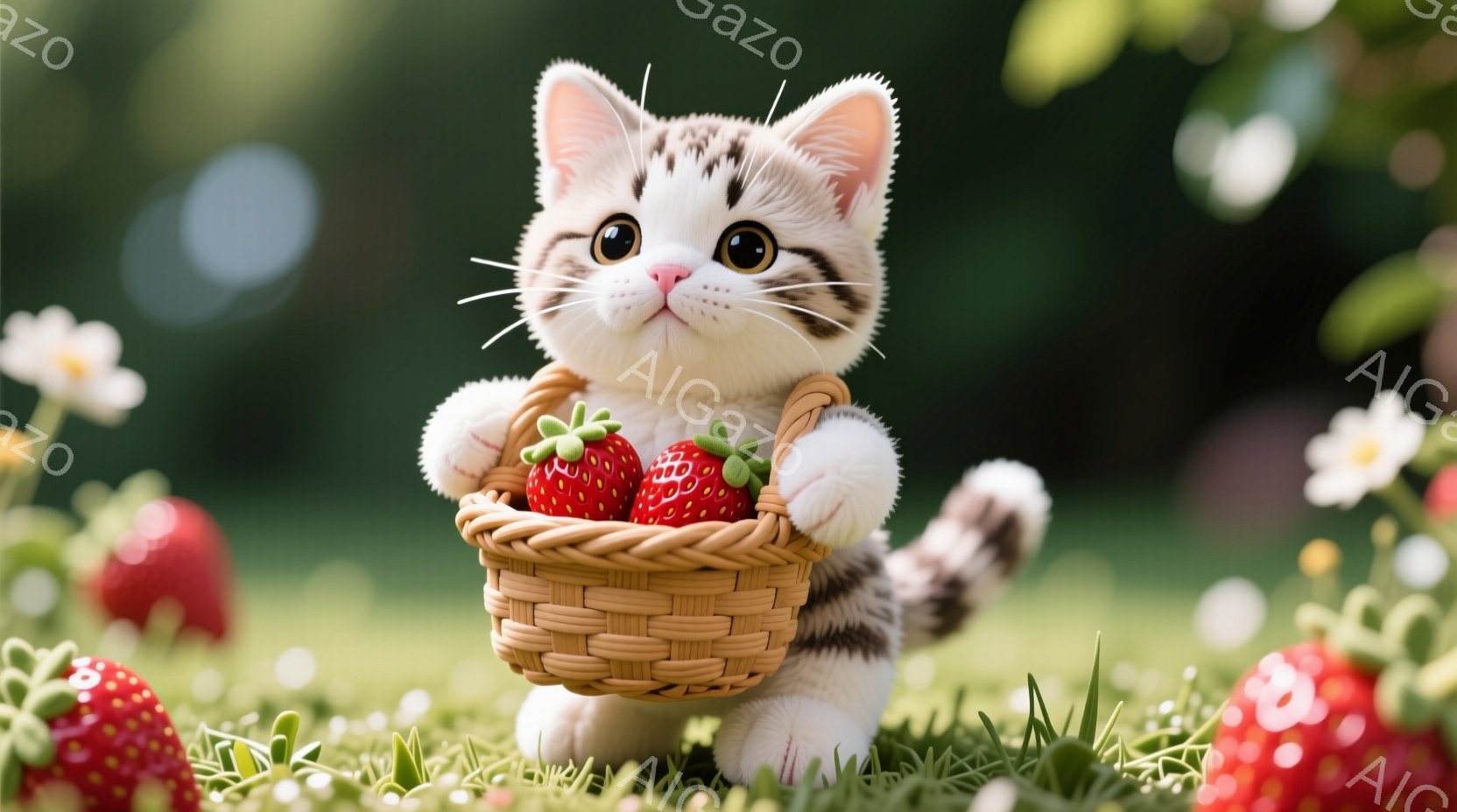 白と茶色の縞模様の小さな子猫が、赤いイチゴがたくさん入った編まれたバスケットを抱えています。子猫は正面を見つめており、可愛らしい表情をしています。背景は緑の草と白い花で覆われており、明るく優しい雰囲気 - AI生成フリー素材