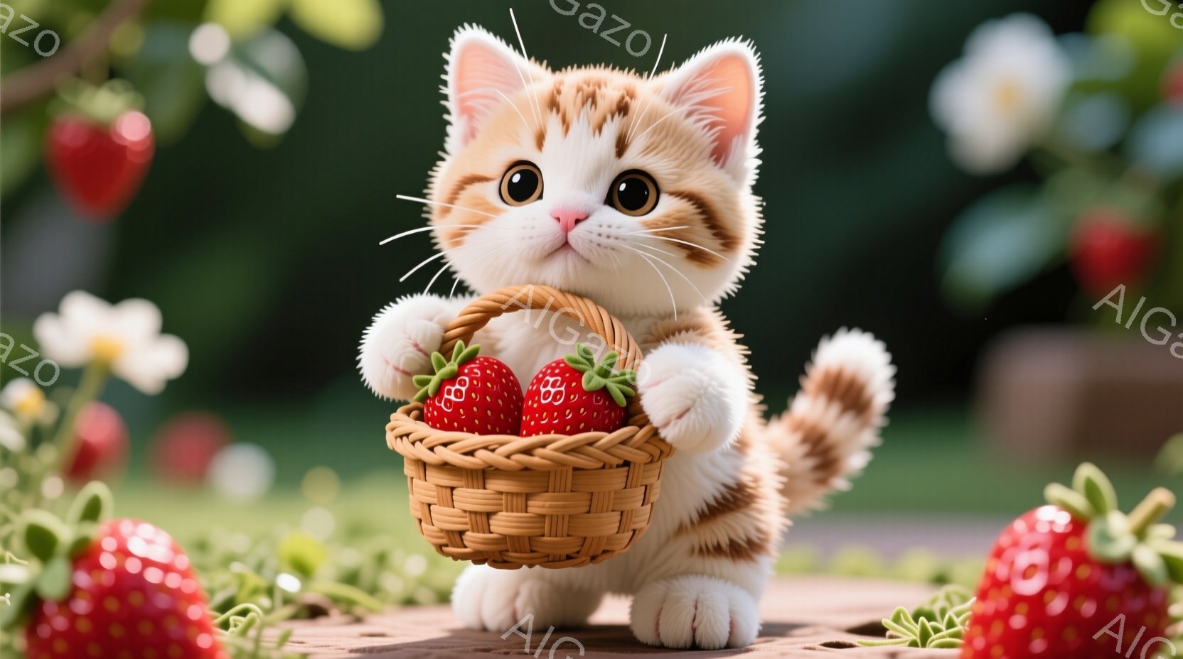 茶色の縞模様の小さな子猫が、いっぱいのイチゴが入ったバスケットを抱えています。子猫は白い足とふさふさの尻尾を持ち、明るい緑の芝生の上を歩いています。背景には、ぼやけた緑の植物と、鮮やかな赤いイチゴが散 - AI生成フリー素材