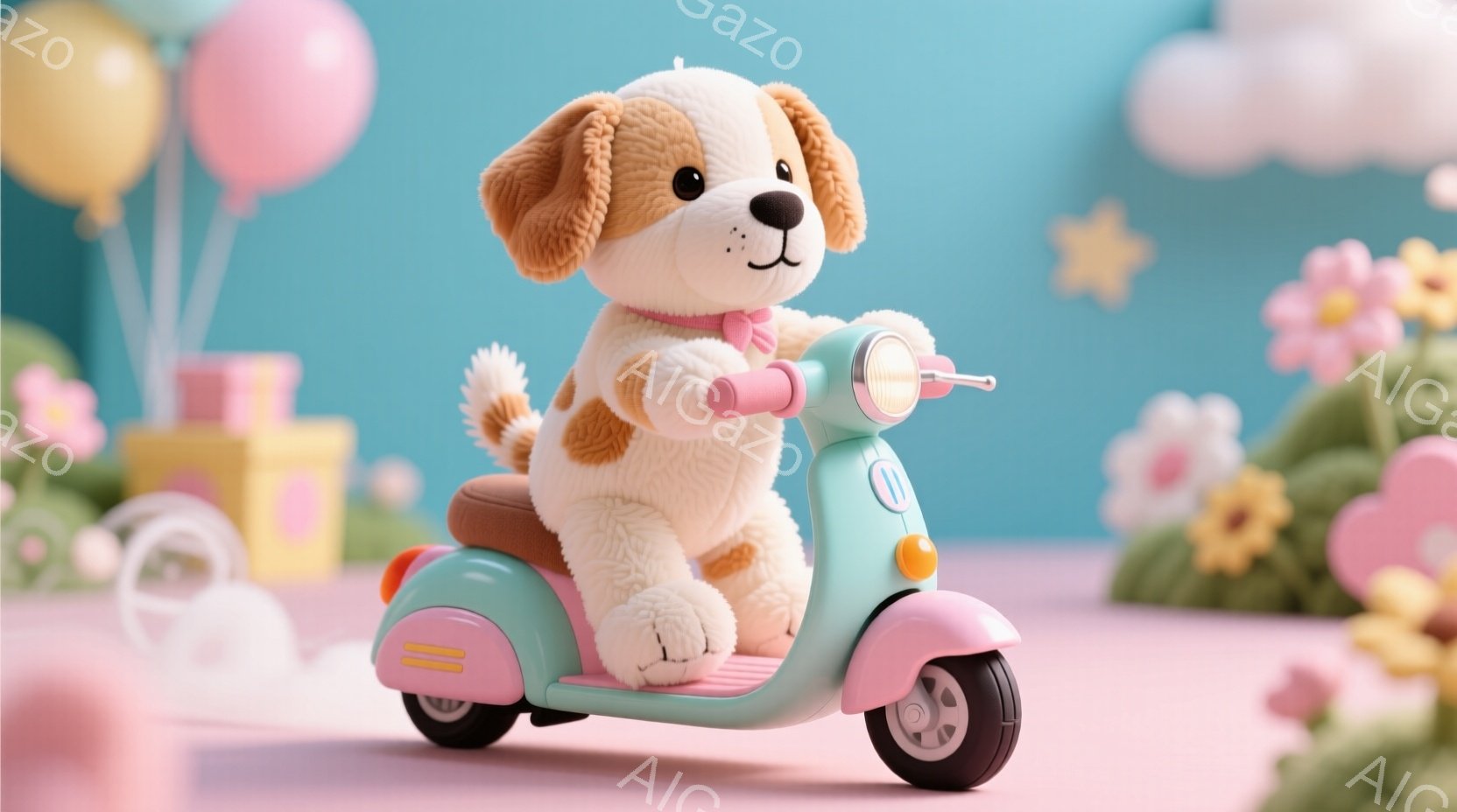 ふわふわの茶色い犬のぬいぐるみが、水色のレトロなスクーターに乗っています。ピンク色の首輪をつけており、前を向いて楽しそうな表情をしています。背景には、ピンクや黄色の花、風船、おもちゃの積み木があり、パステルカラーで明るく、お祝いムードを醸し出しています。